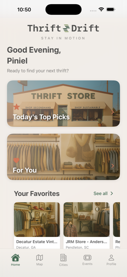 The ThriftnDrift app home screen, showing curated store collections and saved favorites.