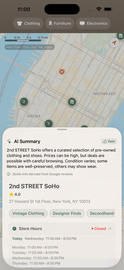 The ThriftnDrift map over Manhattan with 48 stores visible, and a store card showing its rating, categories and opening hours.