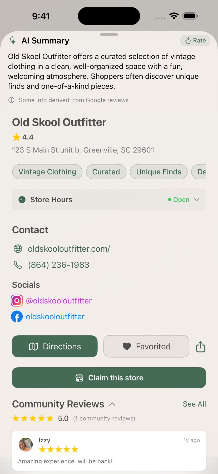 A store's page in ThriftnDrift with a summary, opening hours, contact details and a Claim this store button.