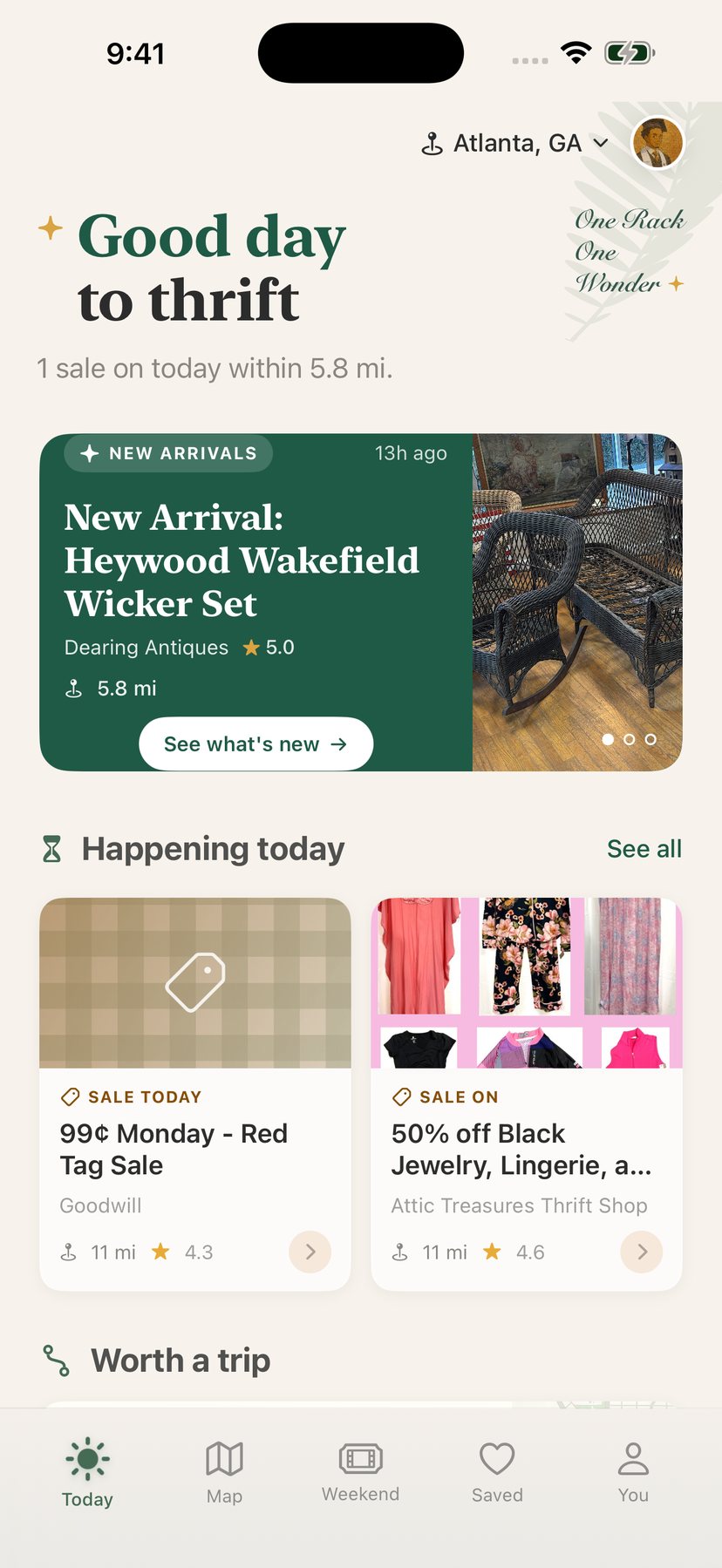 The ThriftnDrift Today screen, showing new arrivals, sales and events happening near you.