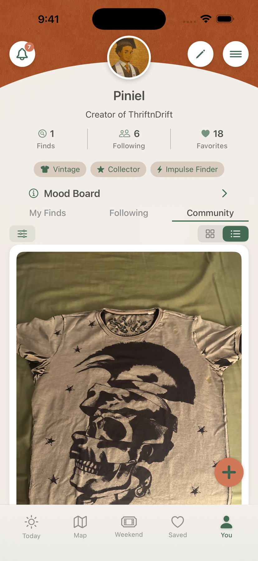 A ThriftnDrift profile showing a member's posted finds, their mood board and the community feed.